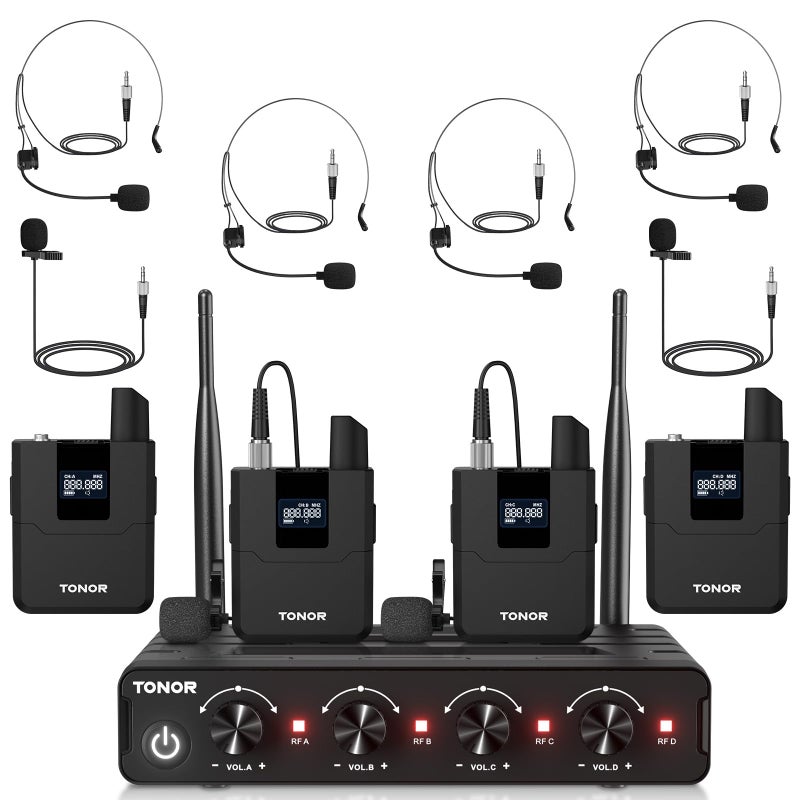 TONOR Wireless Microphones System with UHF Headset/Lavalier Lapel Mics, Bodypack Transmitter, Receiver, 4 * 10 Channels, 60 m/200ft Range for Church Conference Performance Singing Karaoke PA Speaker - Image 1