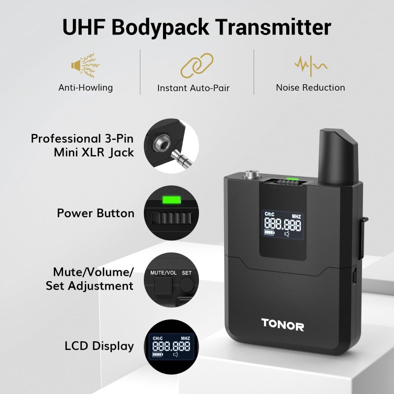 TONOR Wireless Microphones System with UHF Headset/Lavalier Lapel Mics, Bodypack Transmitter, Receiver, 4 * 10 Channels, 60 m/200ft Range for Church Conference Performance Singing Karaoke PA Speaker - Image 5