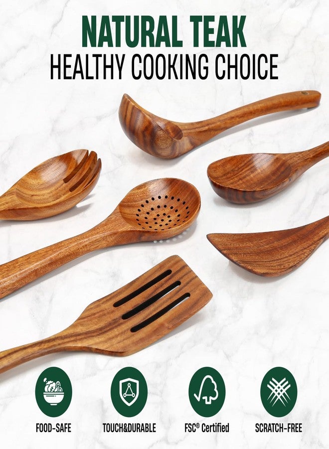 Bkiok 6 Pcs Wooden Cooking Spoons Set - Natural Teak Wood, Safe for Nonstick Cookware & Healthy Kitchen Utensils - Image 2