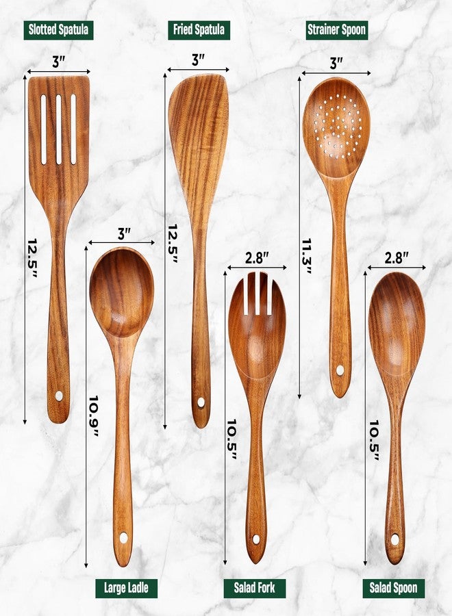 Bkiok 6 Pcs Wooden Cooking Spoons Set - Natural Teak Wood, Safe for Nonstick Cookware & Healthy Kitchen Utensils - Image 4
