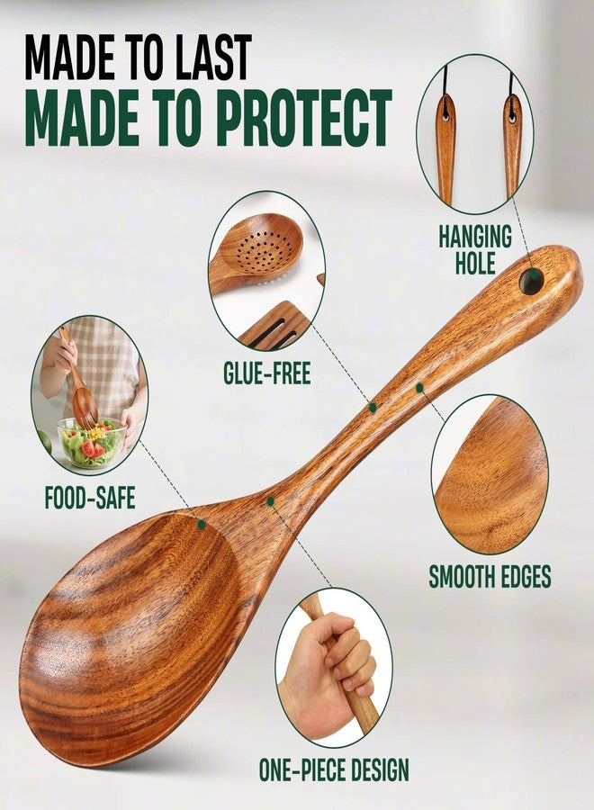Bkiok 6 Pcs Wooden Cooking Spoons Set - Natural Teak Wood, Safe for Nonstick Cookware & Healthy Kitchen Utensils - Image 3