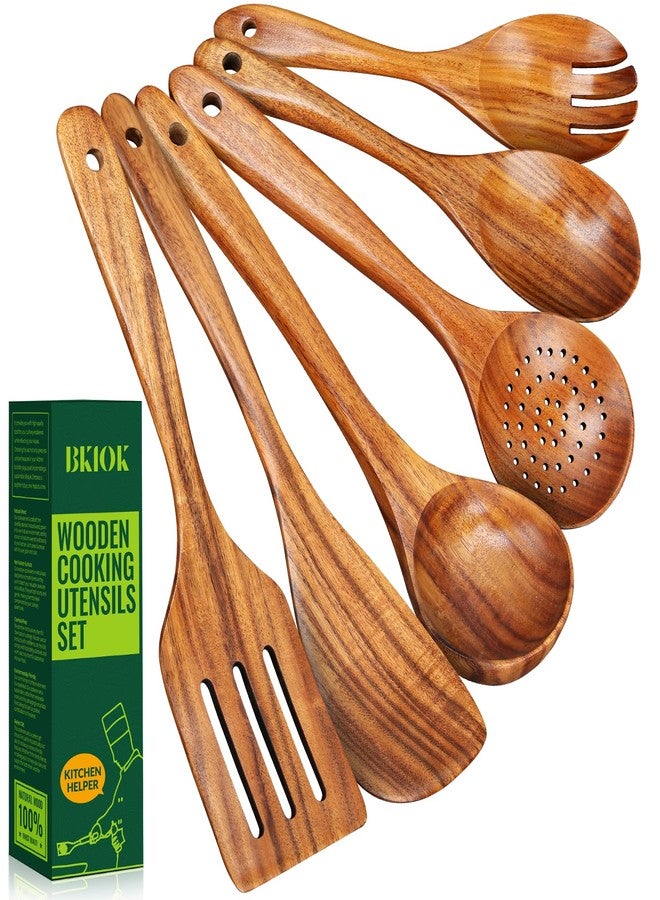 Bkiok 6 Pcs Wooden Cooking Spoons Set - Natural Teak Wood, Safe for Nonstick Cookware & Healthy Kitchen Utensils - Image 1