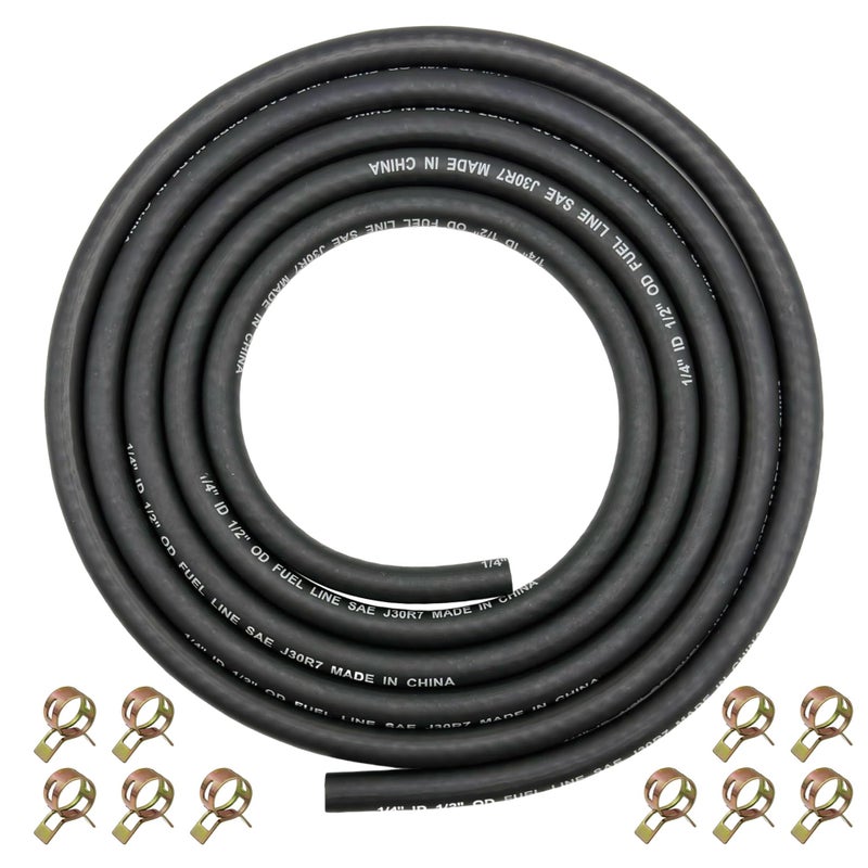 YGQ 1/4" ID Fuel Hose Line Braided NBR Rubber Tubing 8 Feet for Automotives Generator Lawn Mower with 10 Clamps (6.4mm ID) - Image 1