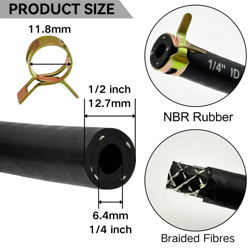 YGQ 1/4" ID Fuel Hose Line Braided NBR Rubber Tubing 8 Feet for Automotives Generator Lawn Mower with 10 Clamps (6.4mm ID) - Image 2