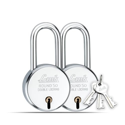 Link® 50mm New Round Long Shackle Padlock | Steel Body | Iron Lever | Double Locking | 50,000 Key Combinations 3 Silver Keys for Each Padlocks (Pack of 2) - Image 1