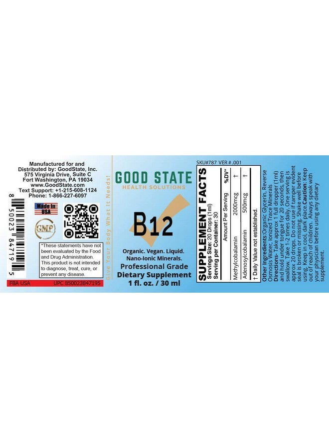 Good State Ionic B12, Men and Women’s Liquid Nano Ionic Dietary Supplement, 1 Ounce Bottle - Image 4