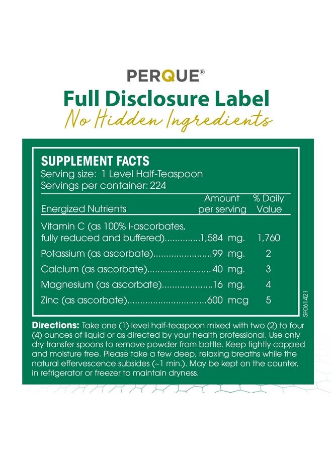 PERQUE Buffered Vitamin C Ascorbate Powder - pH Balanced, Vegetarian, Allergen-Free Vitamin C Supplement - Fast-Acting Antioxidant Support -Effervescent Powder with Magnesium, Potassium & Zinc - 16 oz - Image 4