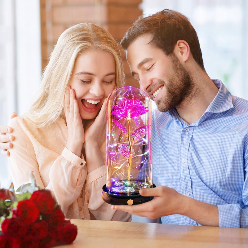 Pusuny Christmas Rose Gifts For Women Mom  Rechargeable Galaxy Glass Rose Flower Gift Enchanted Crystal Light Up Roses In Glass Dome Anniversary Birthday Xmas Gifts For Women Mom Her Wife Grandma Sister Pink - Image 5