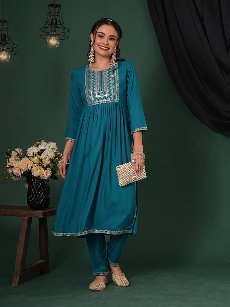 globus Globus Women Zari & Sequinned Yoke Gathered A-Line Kurta With Straight Pants Festive Set  - Image 1