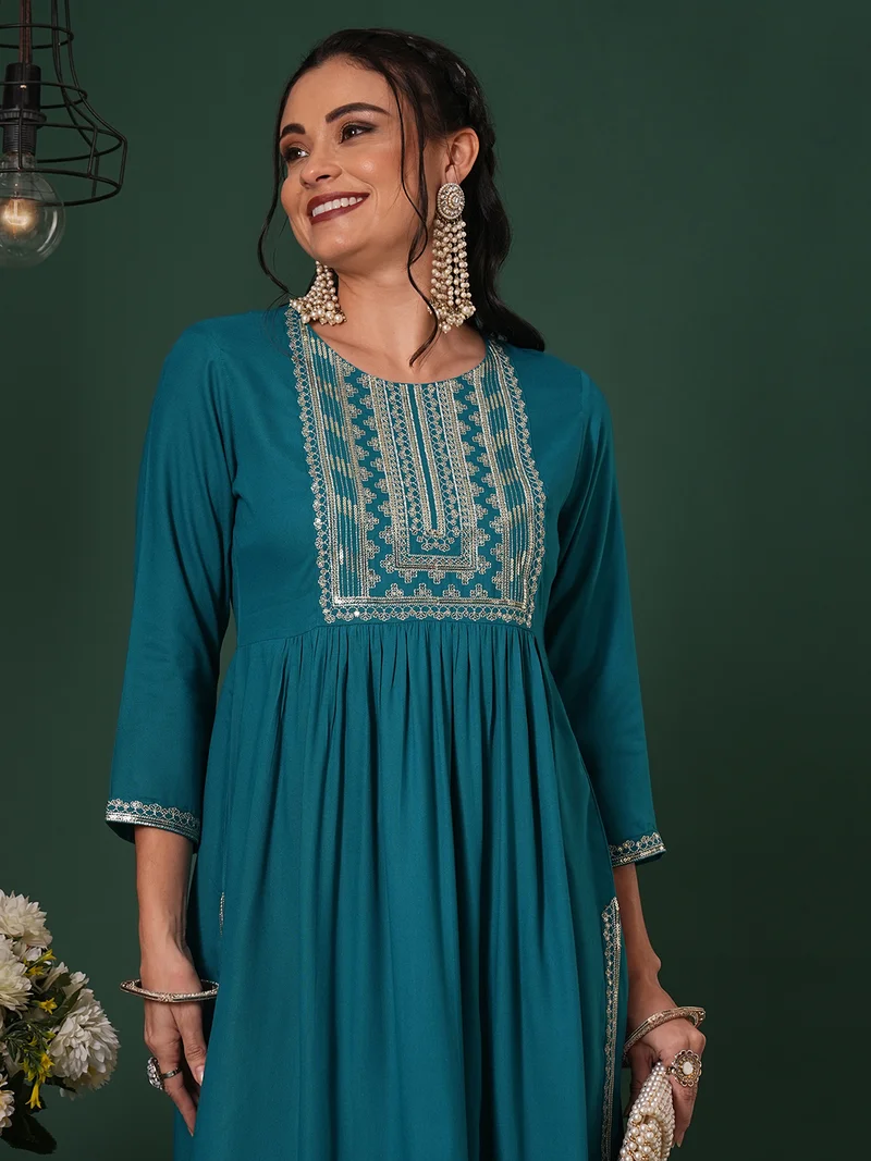 globus Women Zari & Sequinned Yoke Gathered A-Line Kurta With Straight Pants Festive Set