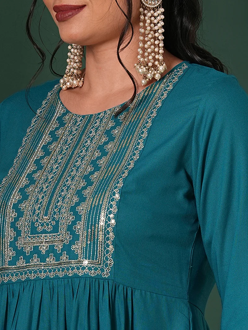 globus Women Zari & Sequinned Yoke Gathered A-Line Kurta With Straight Pants Festive Set