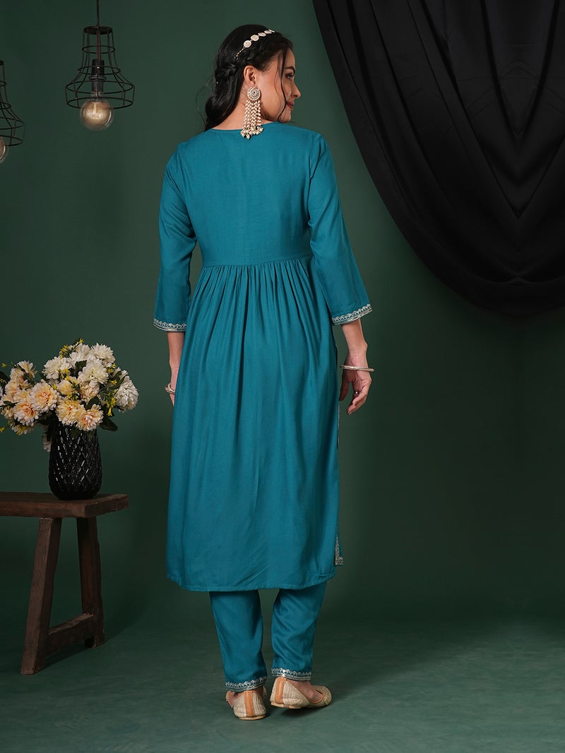 globus Globus Women Zari & Sequinned Yoke Gathered A-Line Kurta With Straight Pants Festive Set  - Image 3