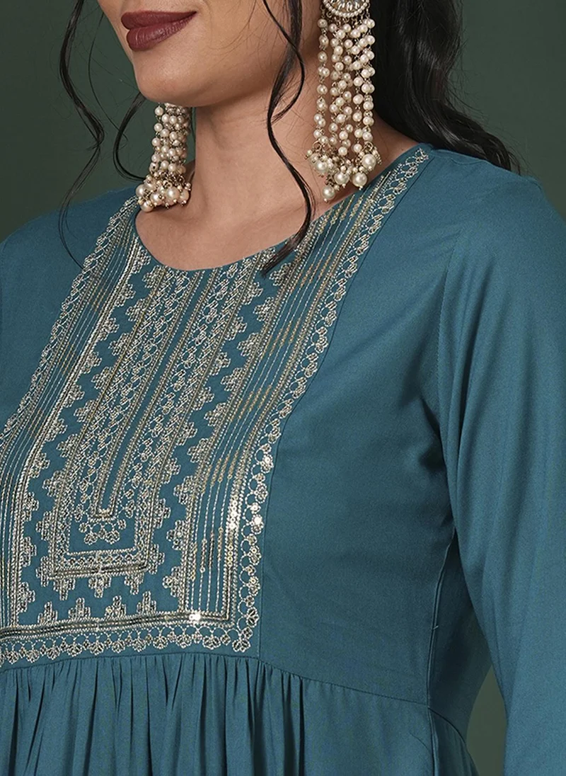 globus Globus Women Zari & Sequinned Yoke Gathered A-Line Kurta With Straight Pants Festive Set