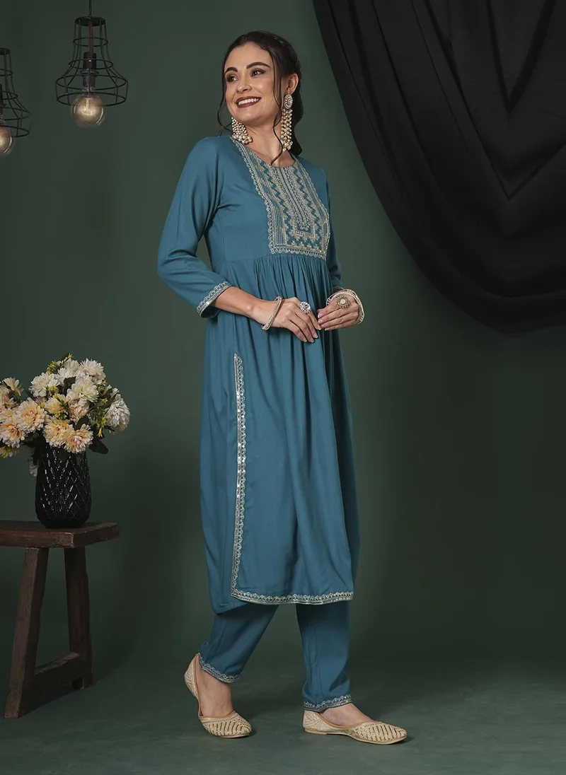 globus Globus Women Zari & Sequinned Yoke Gathered A-Line Kurta With Straight Pants Festive Set