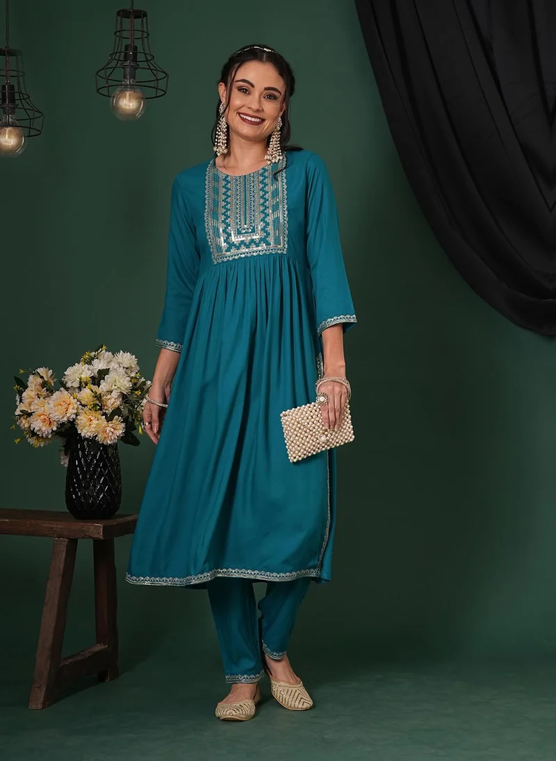 globus Globus Women Zari & Sequinned Yoke Gathered A-Line Kurta With Straight Pants Festive Set