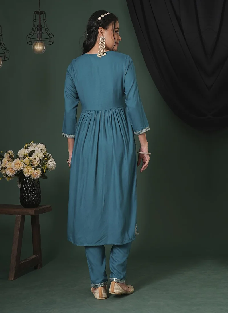 globus Globus Women Zari & Sequinned Yoke Gathered A-Line Kurta With Straight Pants Festive Set