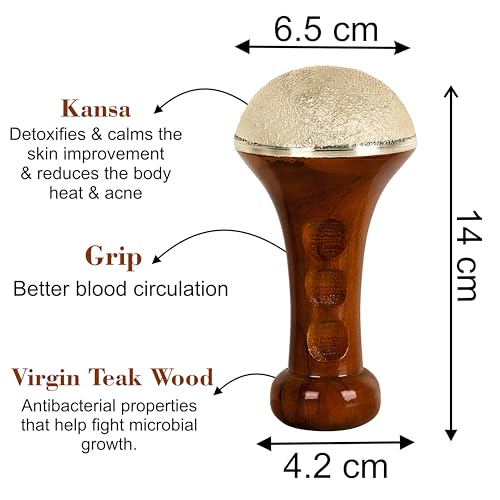 Flavoma Traditional Bronze Vatki Cup Scrub Surface Kansa Wand | Teak Wooden Handle With Bronze Scrub Metal Dome, Natural Brown | Massage for Back, Neck, Shoulders & Legs - Image 5