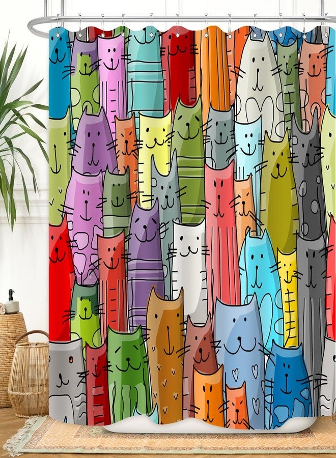 ZXMBF Cat Shower Curtain Colorful Kitten Cartoon Kitty for Kids Cat Lovers Funny Animal Lovely Pussy Waterproof Fabric Bathroom Decor Set 72x72 Inch Plastic Hooks 12 Pack - Image 1
