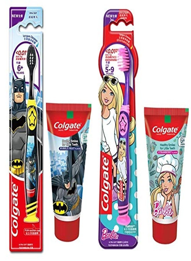 Colgate Kids Anti cavity extra Soft Tongue Cleaner Toothbrush Batman + Barbie & Anticavity Batman + Barbie Toothpaste For Kids - 80g + 80g (Bubble Fruit Flavour) Soft - 1 pc (Free Usb Led) - Image 1