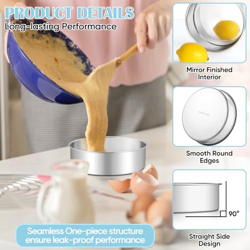 TeamFar 6 Inch Cake Pan, 4 Pcs Round Tier Cake Pans Set Stainless Steel for Baking Steaming Serving, Fit in Oven Pot Air Fryer, Healthy & Heavy Duty, Mirror Finish & Dishwasher Safe - Image 4