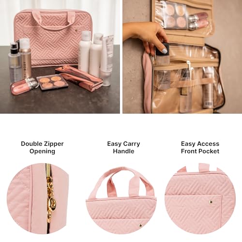 Carrywell |Not Made In China| Hanging Toiletry Travel Bag For Women, Makeup Organizer Case, Water-Resistant Cosmetic Bag For Full-size Containers, Toiletries (Pink, Large) - Image 4