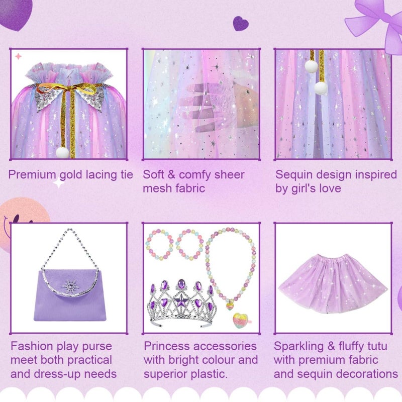 يُسلِّم مجموعة ملابس الأميرة للفتيات، عباءة لامعة مع تاج وعصا سحرية، إكسسوارات أزياء لامعة لحفلات أعياد الميلاد، هدية للأطفال من سن 3 إلى 8 سنوات (أرجواني) - Image 3