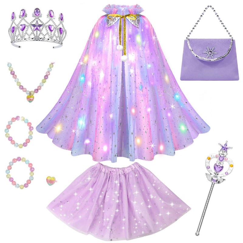 يُسلِّم مجموعة ملابس الأميرة للفتيات، عباءة لامعة مع تاج وعصا سحرية، إكسسوارات أزياء لامعة لحفلات أعياد الميلاد، هدية للأطفال من سن 3 إلى 8 سنوات (أرجواني) - Image 1