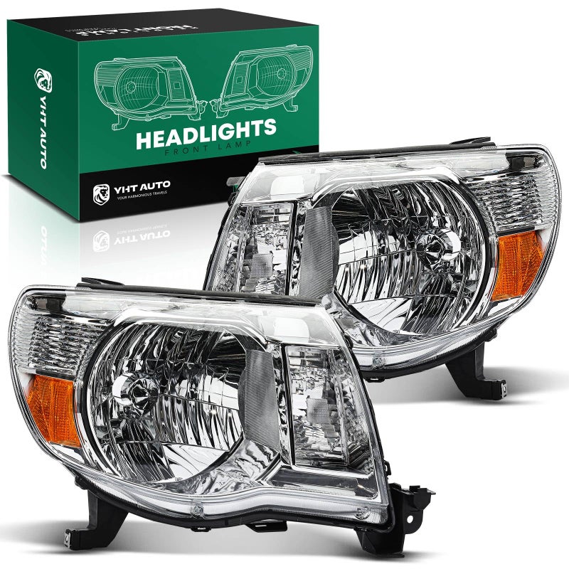 YHTAUTO Set of 2 Headlights Assembly Replacement for 20052011 Toyota Tacoma Driver Passenger Side Head lights lamps Headllight Clear Lens Chrome Housing Microprism Reflector Headlamps