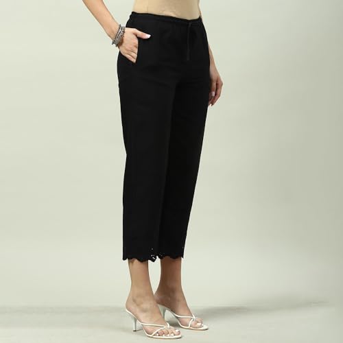 Biba Women Solid Regular Bottom Wear Mid Rise Trousers(Bottom W16946_Black) Small - Image 4