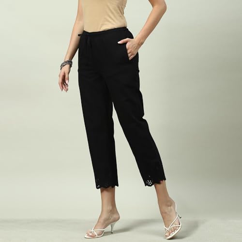 Biba Women Solid Regular Bottom Wear Mid Rise Trousers(Bottom W16946_Black) Small - Image 3