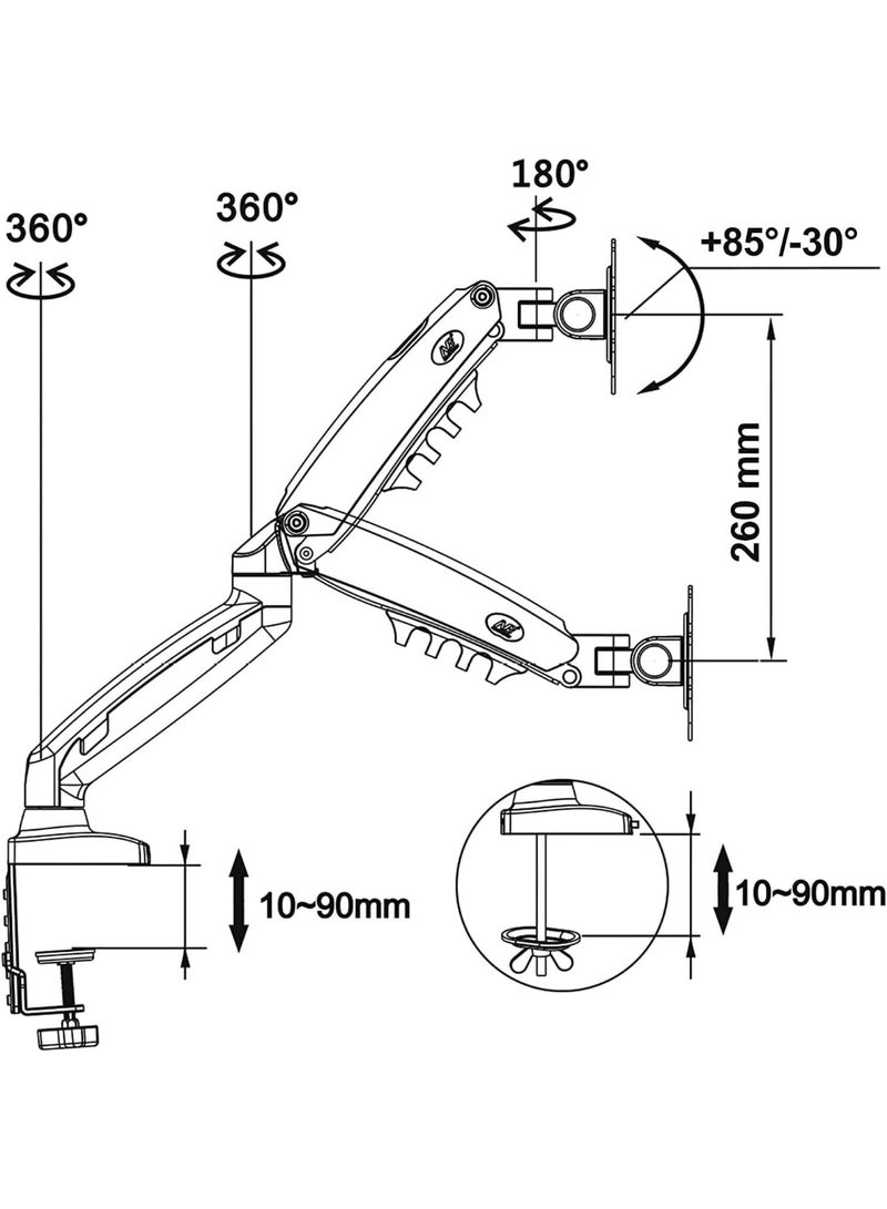 حامل شاشة كمبيوتر قابل للتعديل بحركة كاملة – ذراع نابض للارتفاع والشاشة من 17 إلى 30 بوصة – VESA 75x75/100x100 مم مع قاعدة تثبيت مشبك وجراميت - Image 3