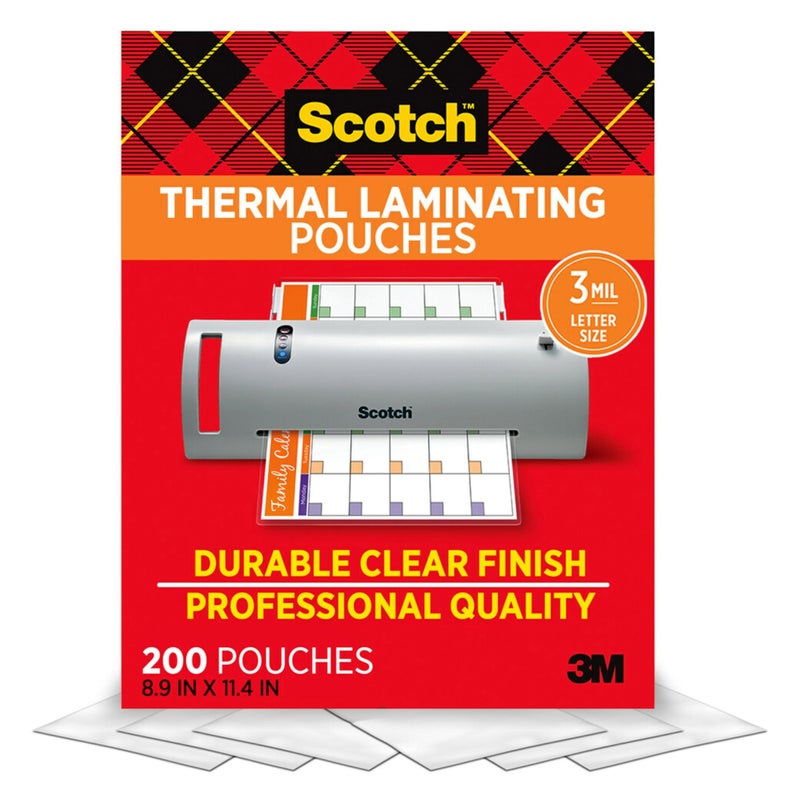 Scotch Thermal Laminating Pouches, 200 Count, Clear, 3 mil., Ideal Office or School Supplies, Fits Letter Sized Paper (8.9 in. Ã— 11.4 in.) - Image 1