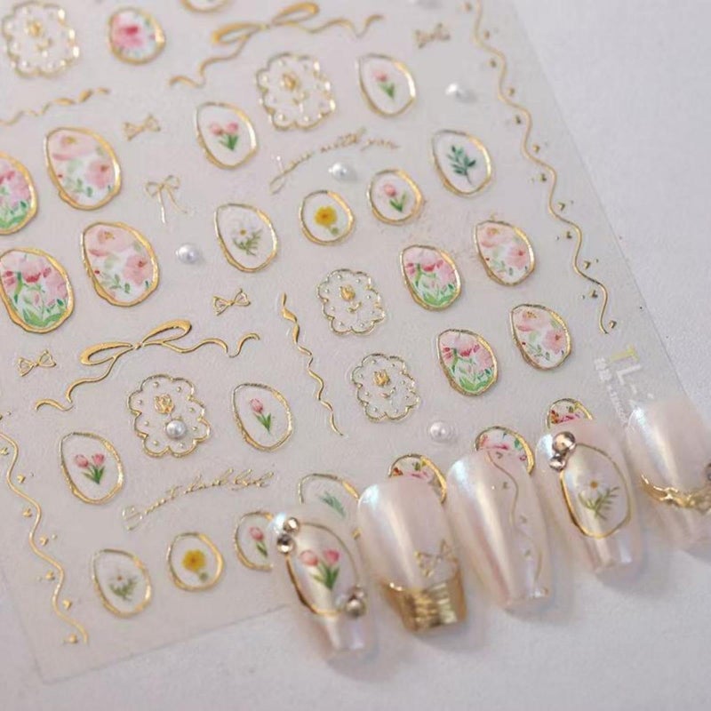 NBNTGH 5D Embossed Flower Nail Art Stickers Tulip Glue Irregular Geometric Frames Nail Stickers Gold Hollow Designs Nail Decals Supplies Self Adhesive NBNTGH Nails Sticker DIY Acrylic Nail Accessories - Image 1