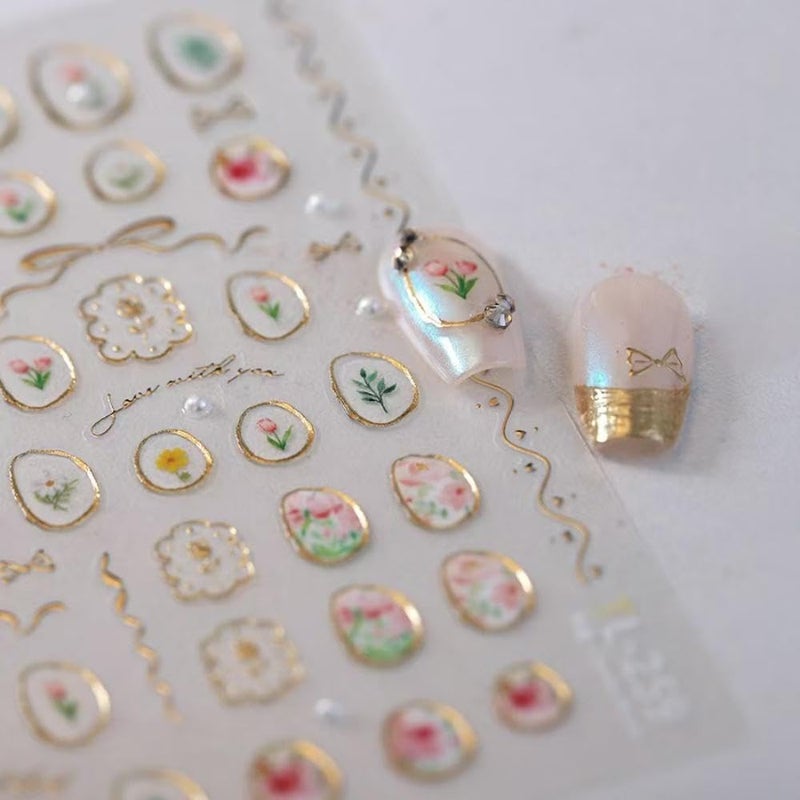 NBNTGH 5D Embossed Flower Nail Art Stickers Tulip Glue Irregular Geometric Frames Nail Stickers Gold Hollow Designs Nail Decals Supplies Self Adhesive NBNTGH Nails Sticker DIY Acrylic Nail Accessories - Image 3