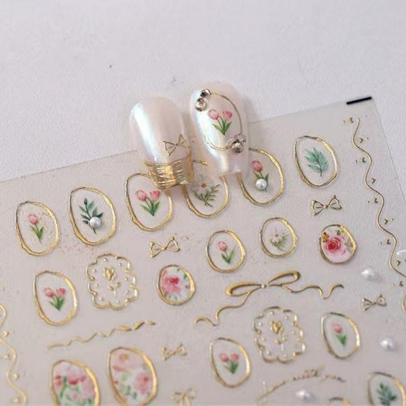 NBNTGH 5D Embossed Flower Nail Art Stickers Tulip Glue Irregular Geometric Frames Nail Stickers Gold Hollow Designs Nail Decals Supplies Self Adhesive NBNTGH Nails Sticker DIY Acrylic Nail Accessories - Image 5