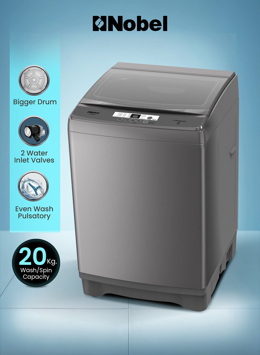 Nobel Washing Machine 20kg Capacity, Electronic Control, LED Display, 8 Programs, Intelligent Water Fall System NWM2250 Grey 680 W 20 kg 680 W NWM2250 Grey