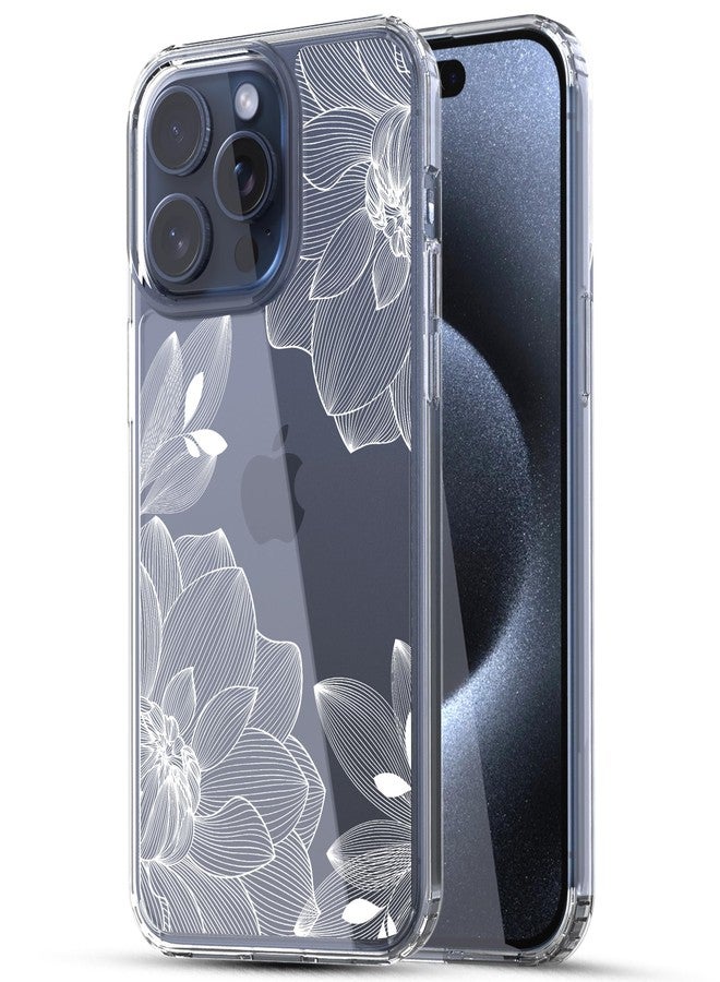 RANZ Case for iPhone 15 Pro Max, Anti-Scratch Shockproof Series Clear Hard PC + TPU Bumper Protective Cover Case for iPhone 15 Pro Max (6.7") - White Lace Chrysanthemum - Image 1