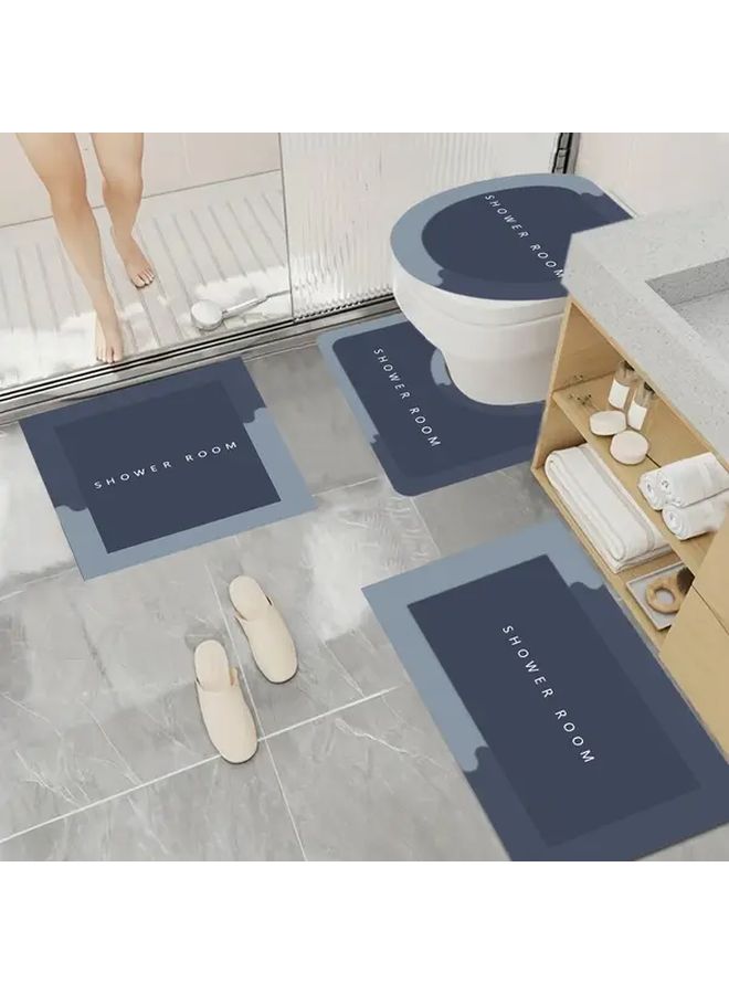 4 Piece Blue Bathroom Toilet Mat Set Super Absorbent Quick Dry Machine Washable Non Slip Polyester Fabric Rubber Diatomite Material For Home Hotel Use - Image 3