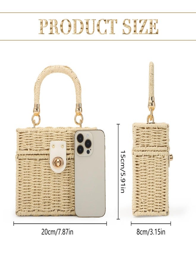 Fecialy Women Handwoven Rattan Handbag Beach Straw Tote Bag Square Boho Crossbody Bag, Beige - Image 3