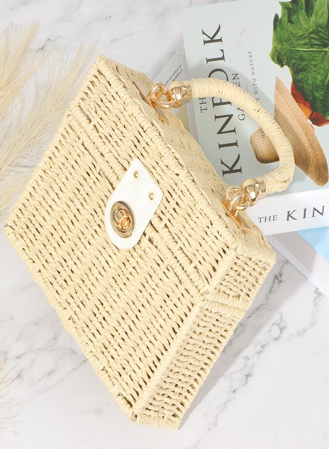 Fecialy Women Handwoven Rattan Handbag Beach Straw Tote Bag Square Boho Crossbody Bag, Beige - Image 2