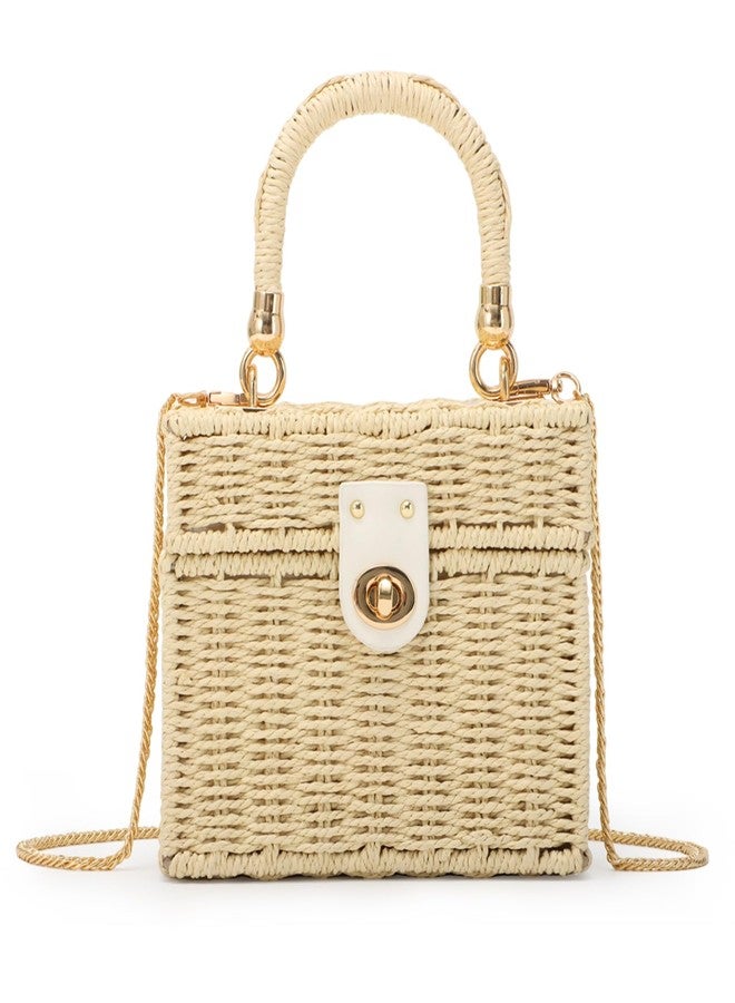 Fecialy Women Handwoven Rattan Handbag Beach Straw Tote Bag Square Boho Crossbody Bag, Beige - Image 1