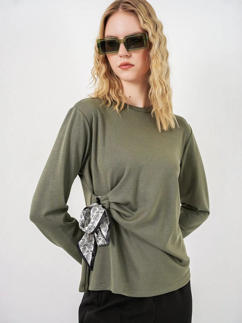 BIG DART BDART Women's Long-sleeved Crew Neck Top With Tie Detail - Image 1