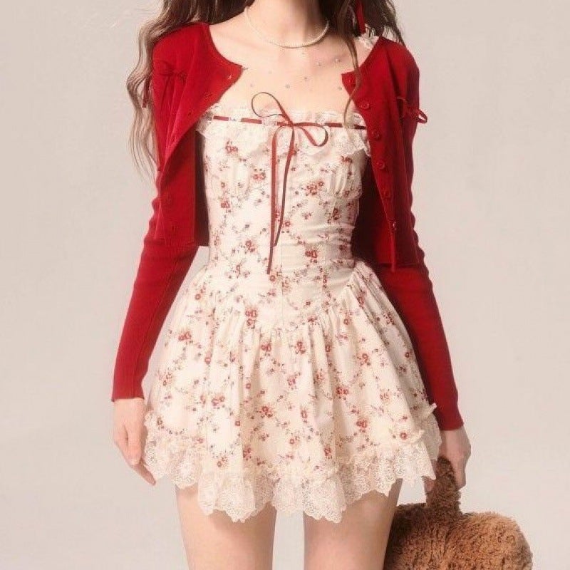 French Desire Lace Sleeveless Floral Dress Set Single red cardigan