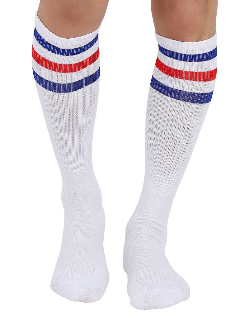 Joulli Men's White Knee High Retro Striped Tube Over the Calf Socks 1 Pair