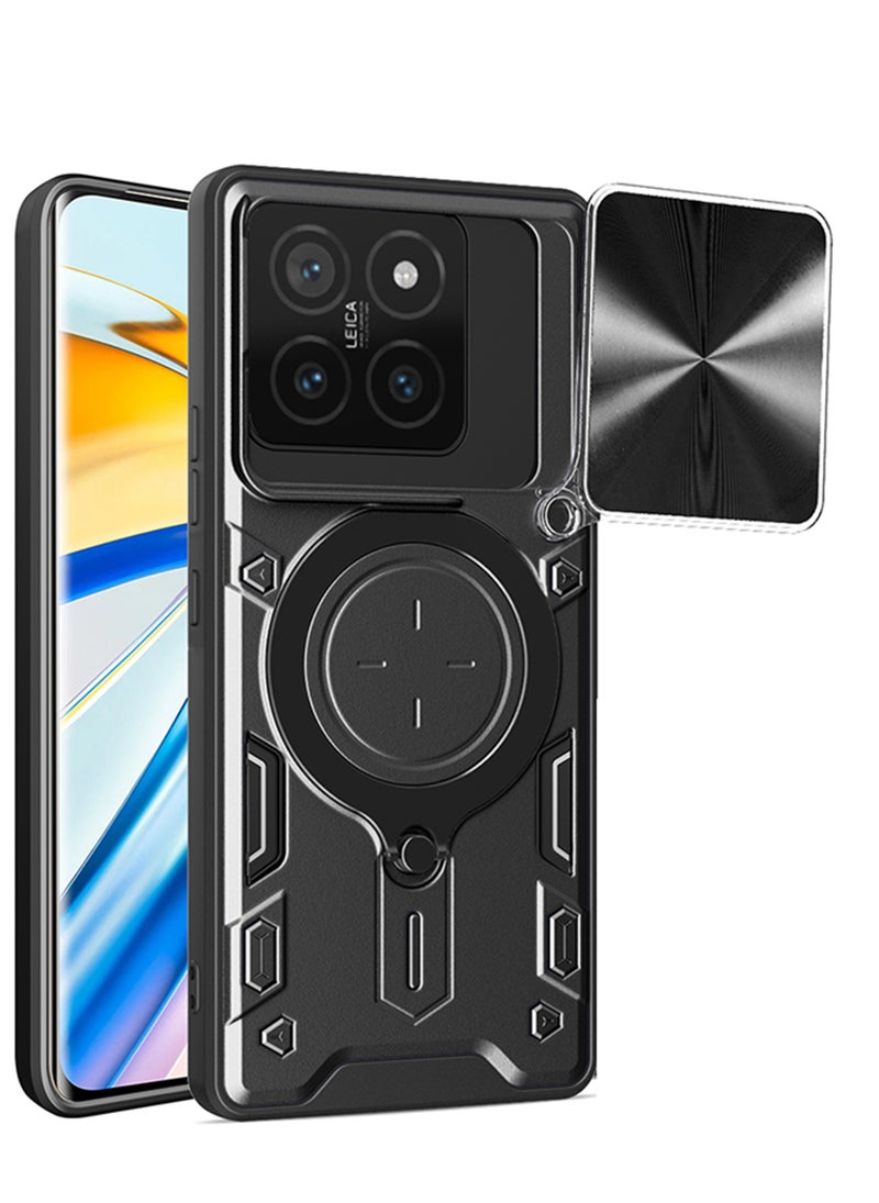 حافظة ل Xiaomi 14T Pro 5G مع غطاء كاميرا منزلق، مسند، PC+TPU ثنائي الطبقةBlack - Image 1