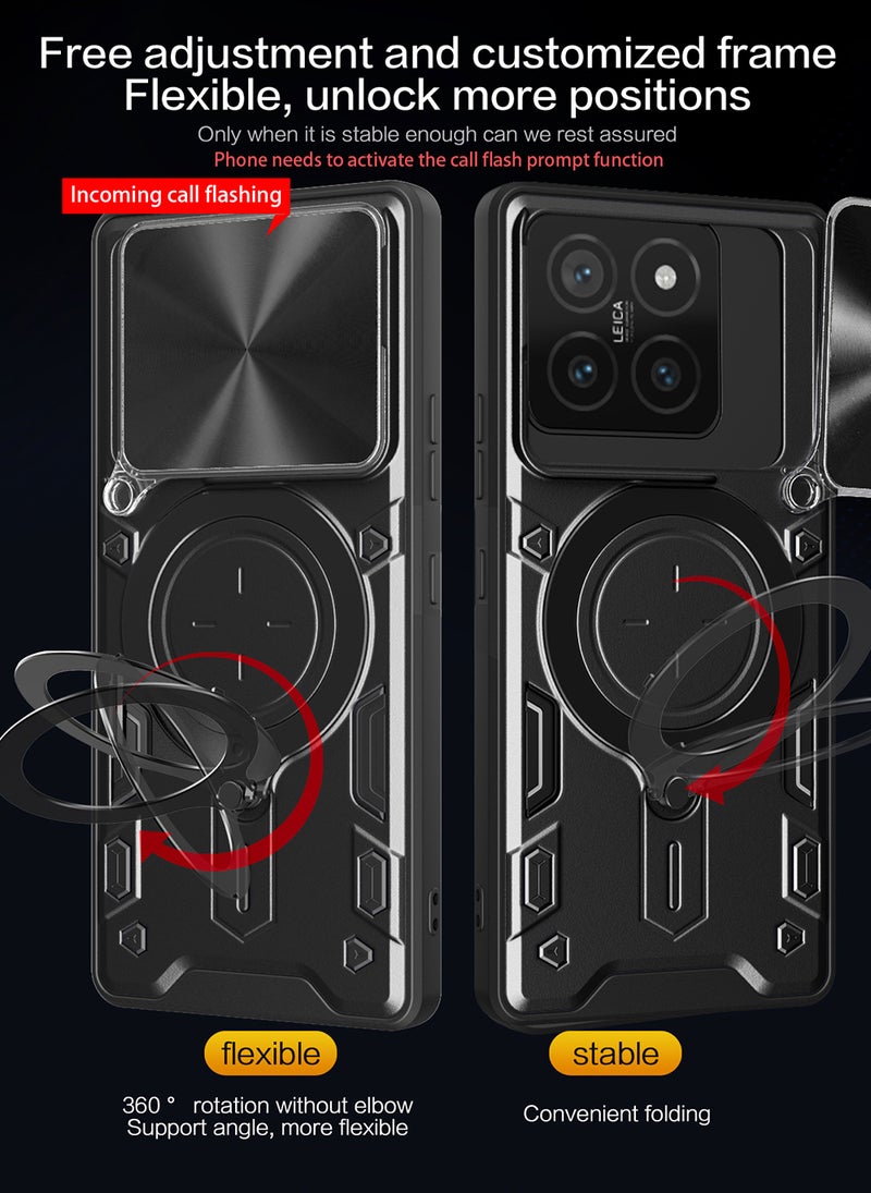 حافظة ل Xiaomi 14T Pro 5G مع غطاء كاميرا منزلق، مسند، PC+TPU ثنائي الطبقةBlack - Image 3