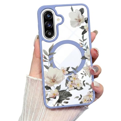 VONZEE Compatible with Samsung Galaxy A36 5G Case Luxury Retro Flowers Floral Clear for Magnetic Wireless Charging Case Shockproof Case PC+TPU Cute Glossy Shiny Cover for Girls Women, Official Blue - Image 1