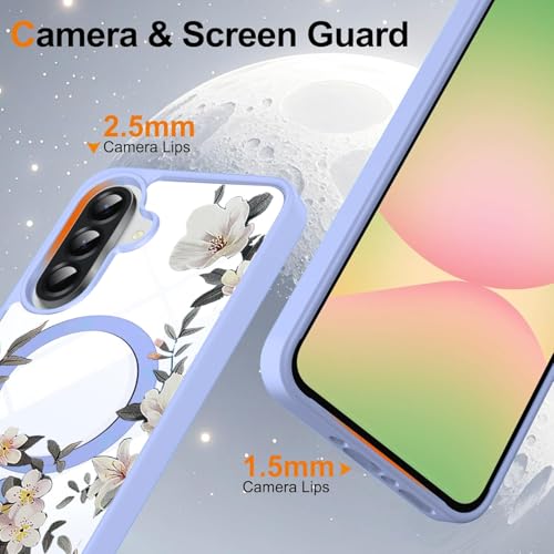 VONZEE Compatible with Samsung Galaxy A36 5G Case Luxury Retro Flowers Floral Clear for Magnetic Wireless Charging Case Shockproof Case PC+TPU Cute Glossy Shiny Cover for Girls Women, Official Blue - Image 2