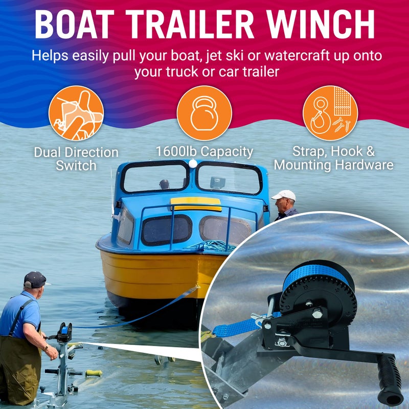 Better Boat Better Boat Trailer Winch with Winch Strap with Hook Manual Hand Winch Strap Heavy Duty Trailer Winches Hand Crank for Pulling Parts for Trailers Car or Truck Towing One Speed Ratchet Gear 1600 lb - Image 2
