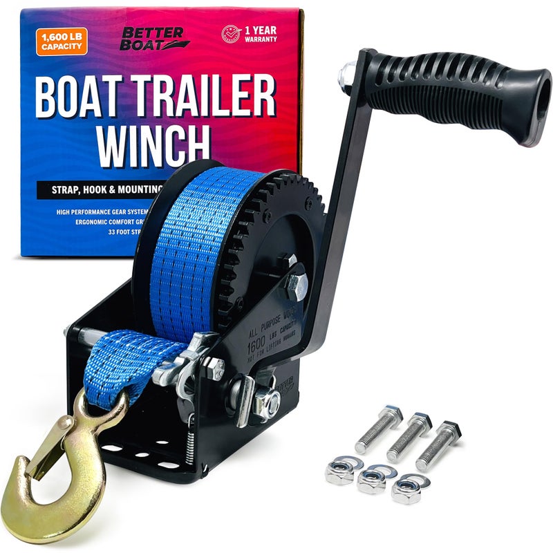 Better Boat Better Boat Trailer Winch with Winch Strap with Hook Manual Hand Winch Strap Heavy Duty Trailer Winches Hand Crank for Pulling Parts for Trailers Car or Truck Towing One Speed Ratchet Gear 1600 lb - Image 1